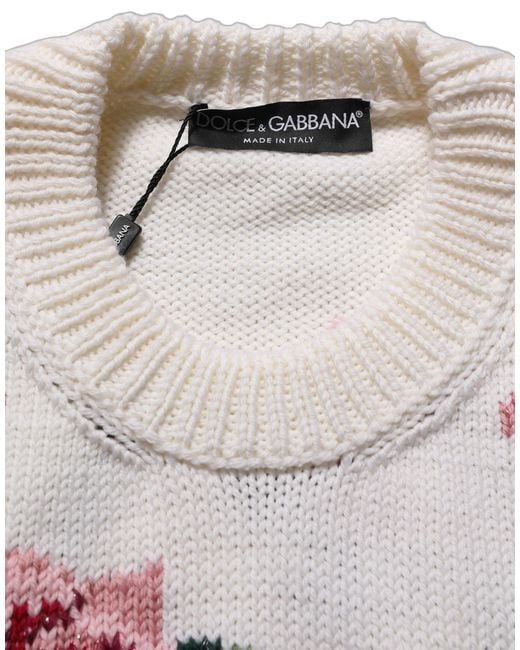 Dolce & Gabbana Black White Wool Floral Crew Neck Pullover Sweater