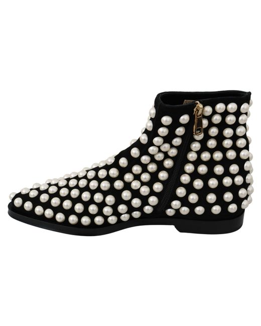 Dolce & Gabbana Black Suede Pearl Studs Boots Shoes