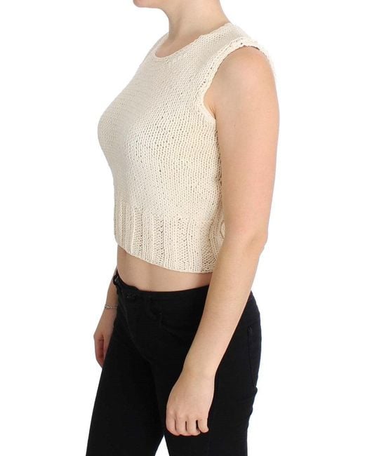 Pink Memories White Cotton Blend Knitted Sleeveless Sweater