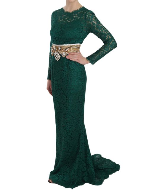 Dolce & Gabbana Green Crystal Gold Belt Lace Sheath Gown Dress
