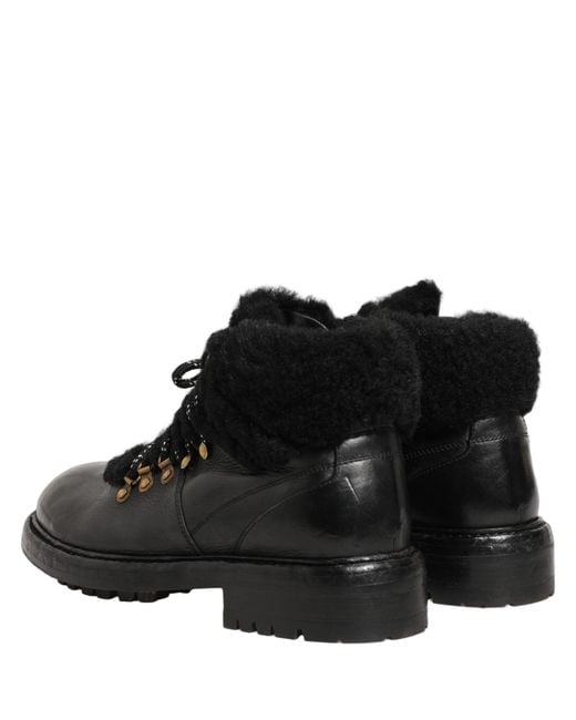 Dolce & Gabbana Black Trekking Fur Lace Leather Boots Shoes for men