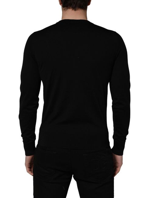Dolce & Gabbana Black Embroidered Logo Crew Neck Pullover Sweater Virgin Wool Clothing for men