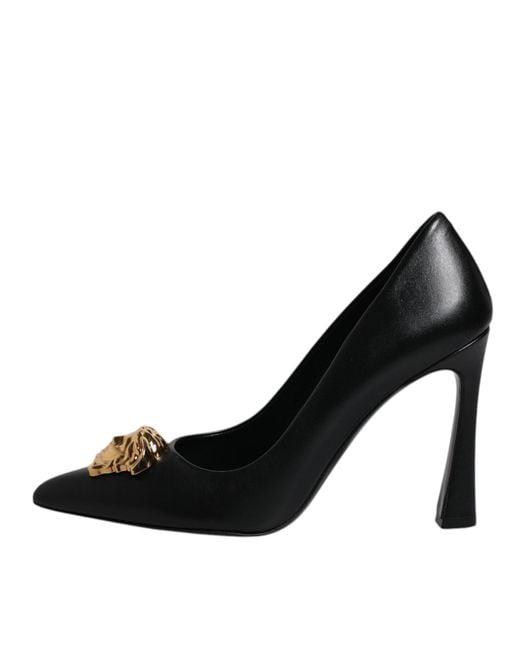 Versace Black Leather Logo Plaque High Heels Pumps Shoes