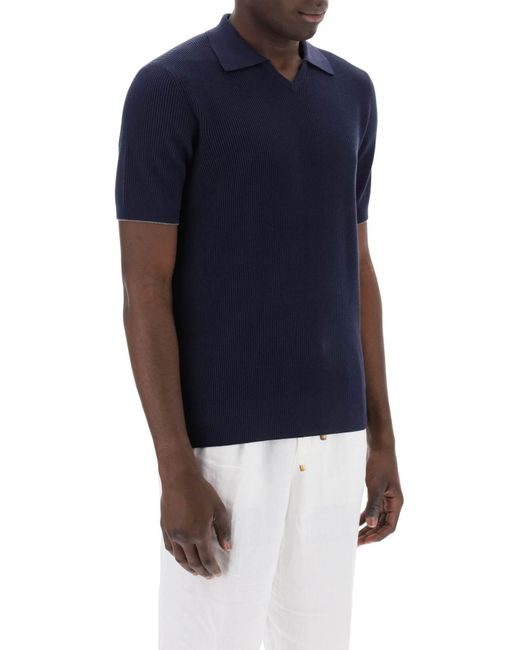 Brunello Cucinelli Blue Cotton Knit Polo Shirt for men