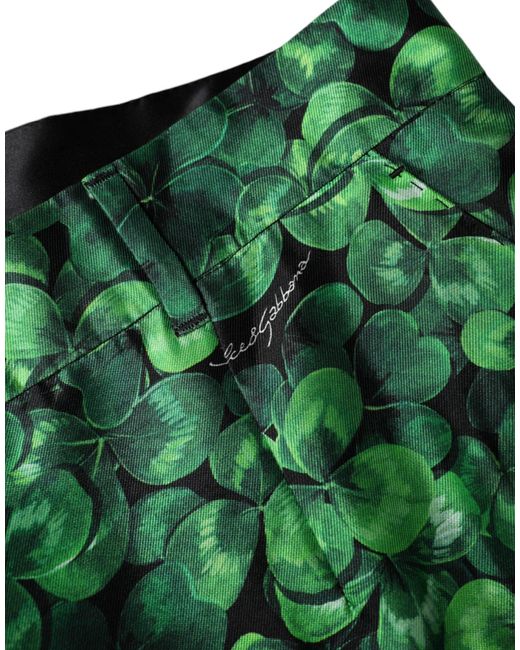Dolce & Gabbana Green Clover Silk Satin High Waist Tapered Pants