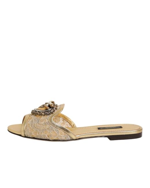 Dolce & Gabbana Metallic Gold Devotion Lace Flats Slip On Sandals Shoes