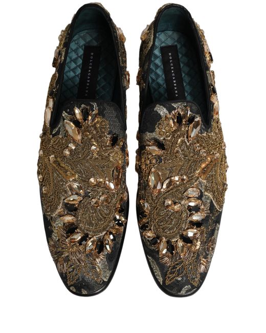 Dolce & Gabbana Gray Black Velvet Embellished Dress Loafers Shoes for men