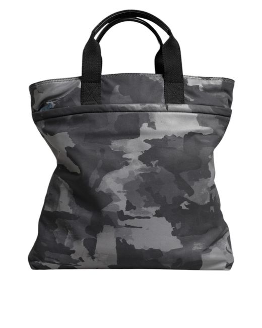 Dolce & Gabbana Black Gray Camo Cotton Multiple Compartments Tote Bag for men