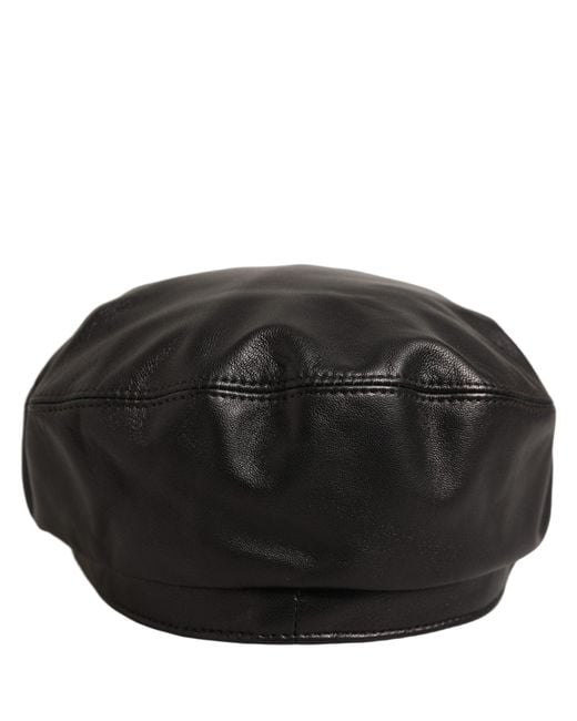 Dolce & Gabbana Black Lambskin Leather Newsboy Capello Hat