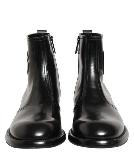 Dolce & Gabbana Black Leather Embossed Logo Ankle Boots Shoes for men