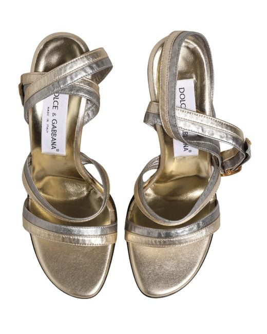 Dolce & Gabbana White Gold Silver Leather Wedge Heels Sandals Shoes
