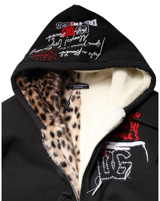 Dolce & Gabbana Black Embroidered Full Zip Hooded Jacket for men