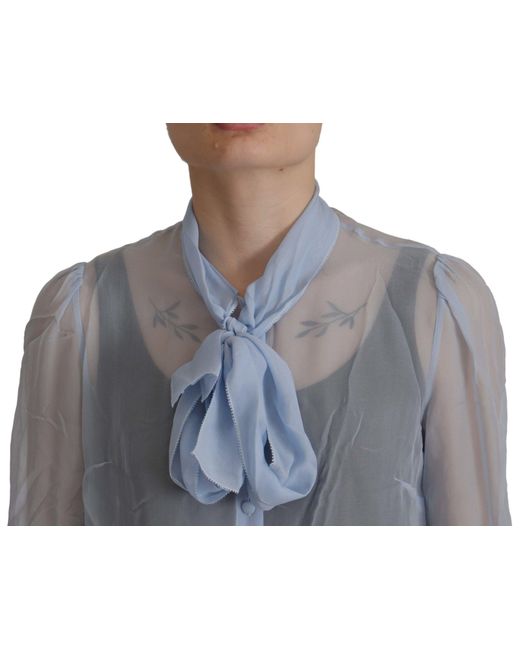 Dolce & Gabbana Gray Sheer Silk Blouse Bow Tie Neck
