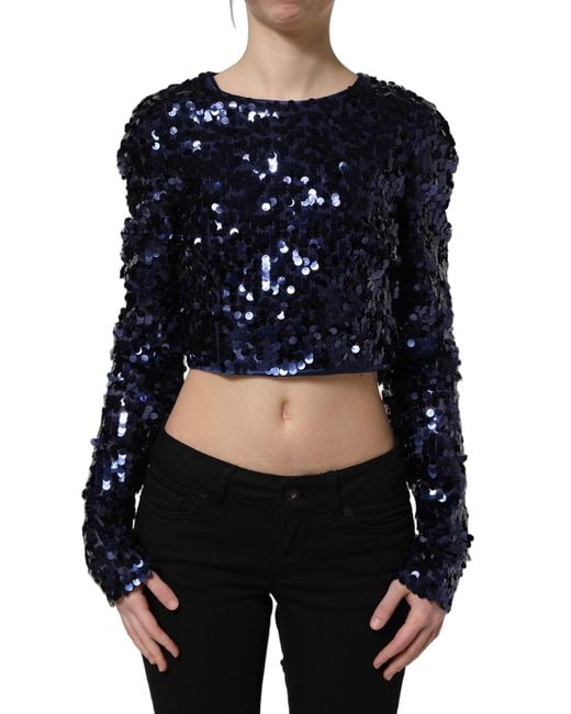 Dolce & Gabbana Blue Sequined Long Sleeves Crop Blouse Top Nylon