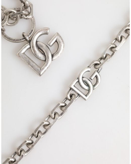 Dolce & Gabbana White Tone Brass Dg Logo Detailing Chain Necklace for men