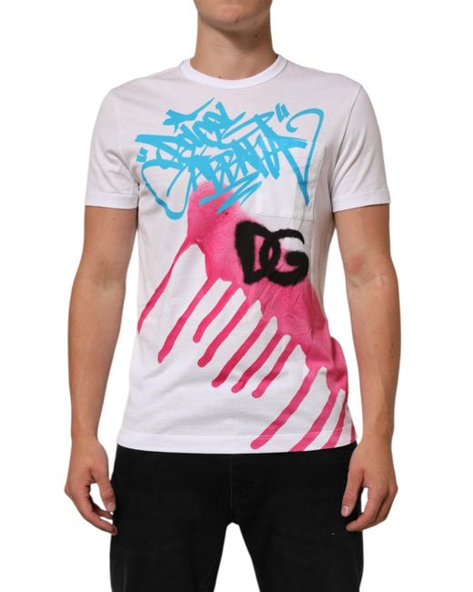 Dolce & Gabbana White Graphic Print Cotton Crew Neck T for men