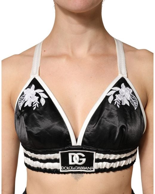 Dolce & Gabbana Black Floral Silk Satin Crop Logo Bralette Top