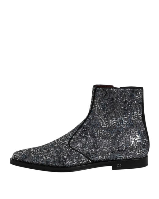 Dolce & Gabbana Brown Dark Gray Cotton Sequined Chelsea Boots Shoes for men