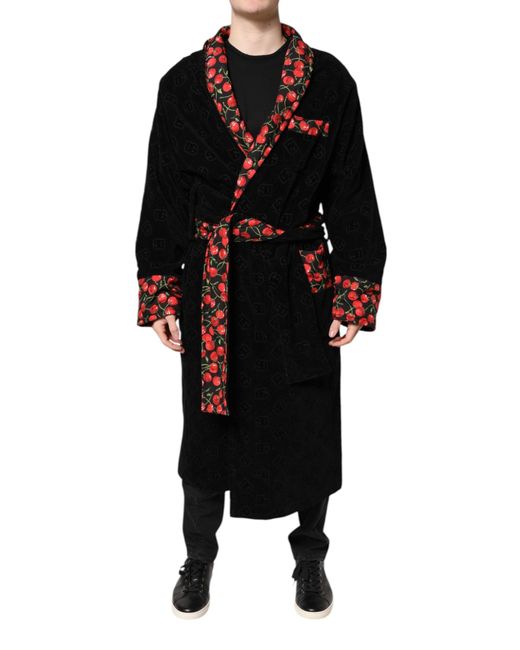 Dolce & Gabbana Black Cherry Print Wrap Robe Men Coat Jacket for men