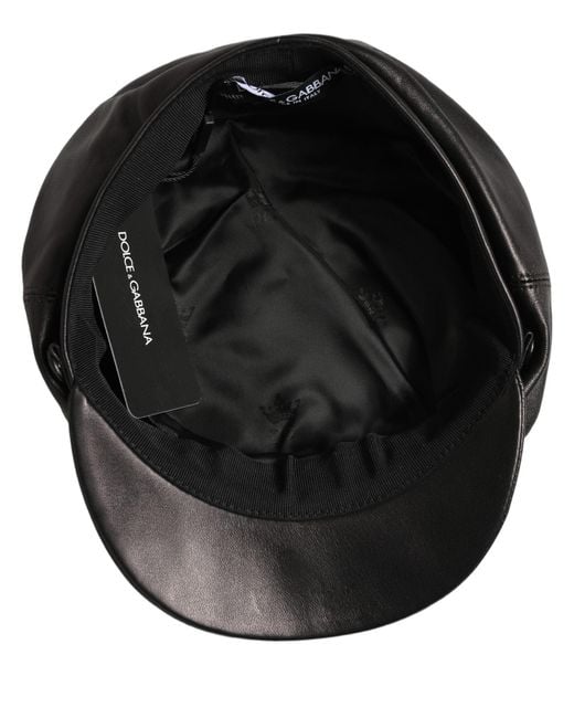 Dolce & Gabbana Black Lambskin Leather Newsboy Capello Hat