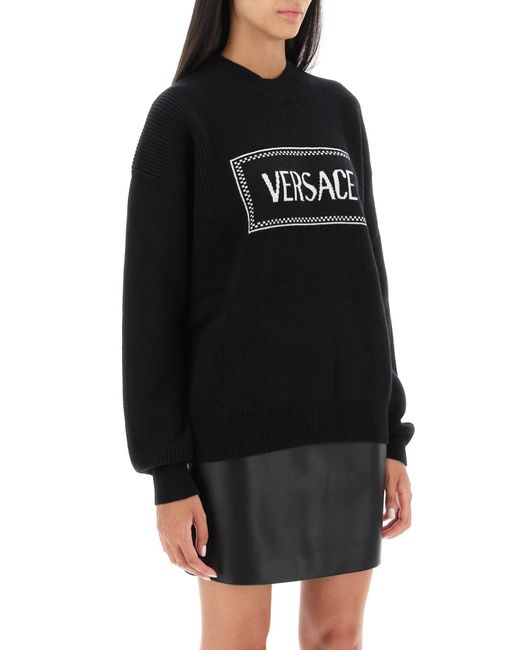 Versace Black Crew-neck Sweater With Logo Inlay