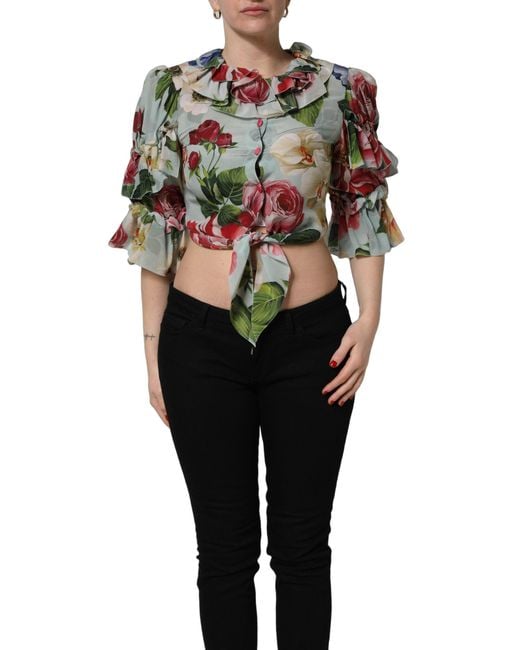 Dolce & Gabbana Black Multicolor Floral Silk Cropped Shirt Top