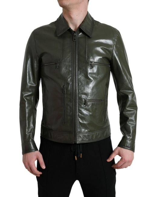 Dolce & Gabbana Black Leather Collared Biker Full Zip Jacket for men