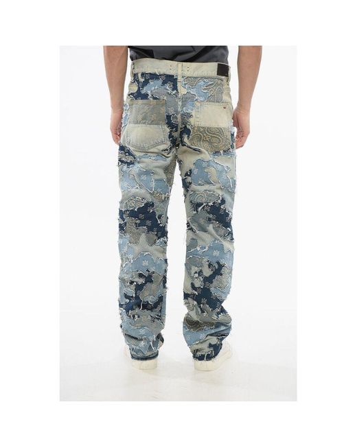 Amiri Blue Fringed Hem Patchwork Camo Denims 22Cm for men