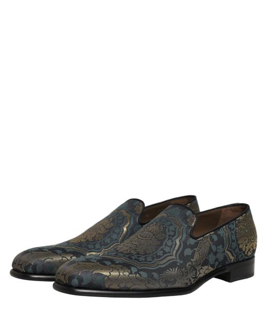 Dolce & Gabbana Black Floral Brocade Slip On Loafers Shoes for men