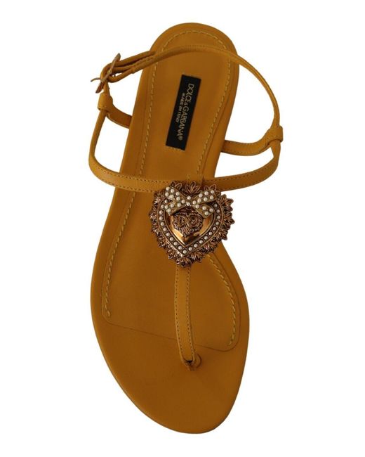 Dolce & Gabbana Black Mustard T-Strap Flat Sandals With Heart Embellishment