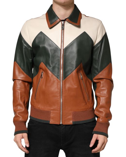 Dolce & Gabbana Green Leather Full Zip Biker Jacket Clothing for men