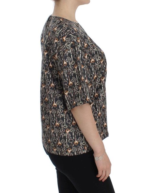Dolce & Gabbana Gray Key Print Silk Blouse T-Shirt