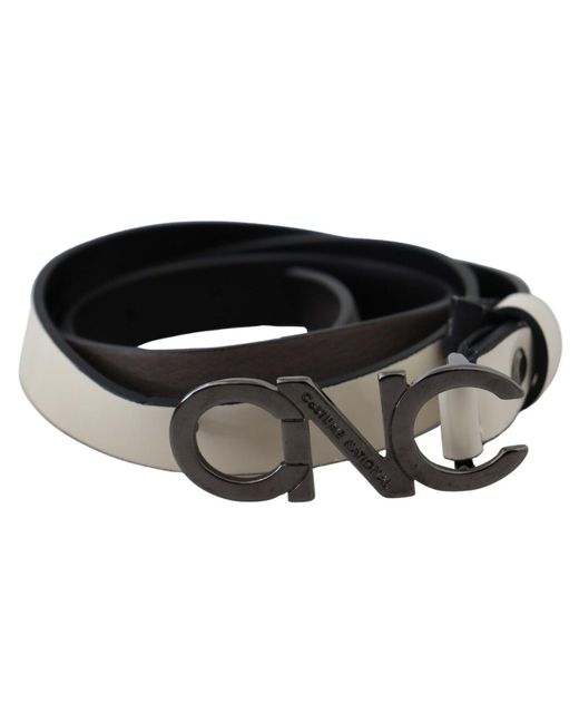 CoSTUME NATIONAL White Black Leather Letter Logo Buckle Belt