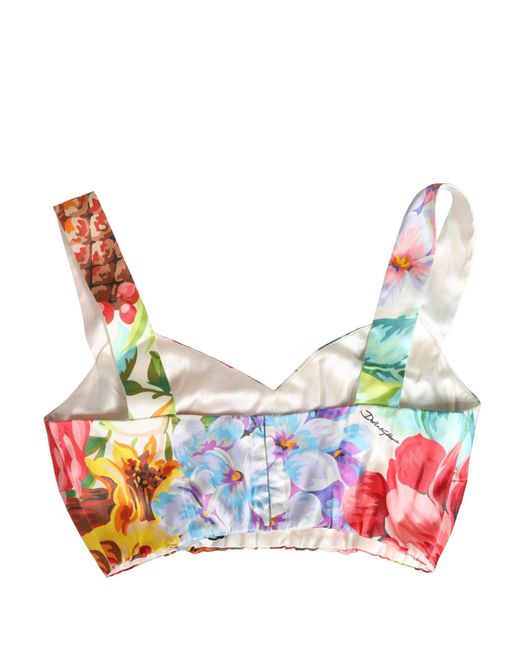 Dolce & Gabbana Pink Floral Print Silk Cropped Bustier Top