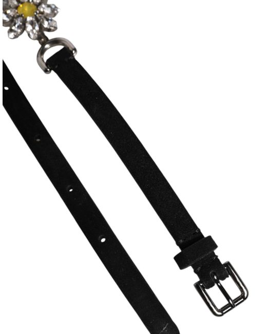 Dolce & Gabbana Black Leather Daisy Crystal Embellish Waist Belt