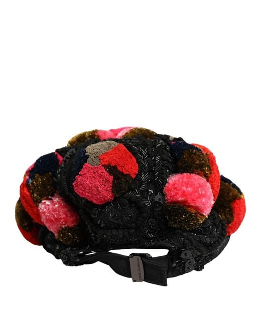 Dolce & Gabbana White Multicolor Pom Poms Sequin Embellishment Hat