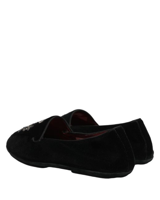 Dolce & Gabbana Black Velvet Crown Embroidery Loafers Shoes for men