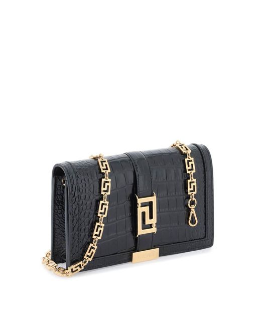 Versace Black Croco-embossed Leather Greca Goddes Crossbody Bag