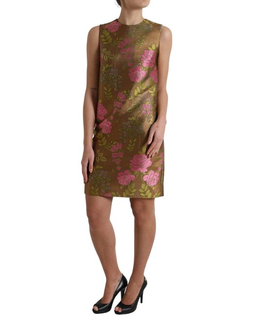 Dolce & Gabbana Natural Brown Floral Jacquard Sleeveless Mini Dress