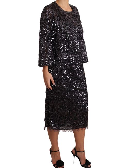 Dolce & Gabbana Dolce Gabbana Black Sequined Long Sleeve Shift Midi Dress