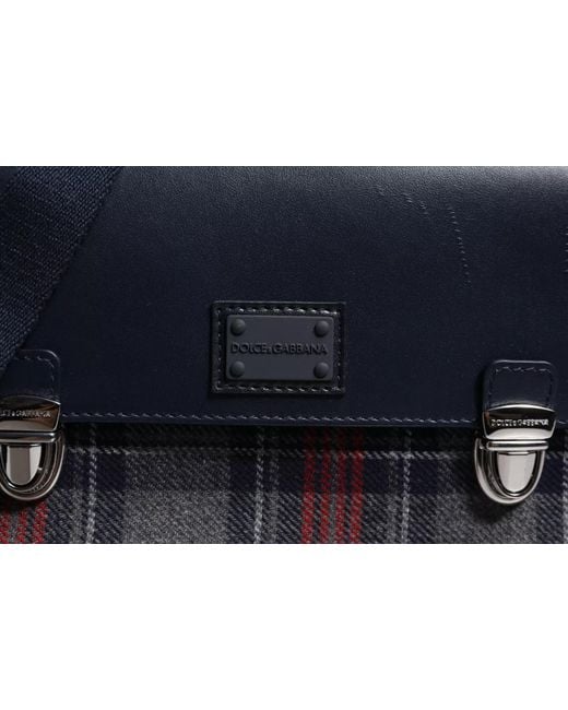 Dolce & Gabbana Blue Multicolor Plaid Wool Calfskin Tartan Satchel Bag for men