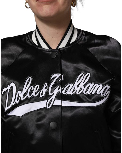 Dolce & Gabbana Black Satin Floral Embroidery Bomber Jacket