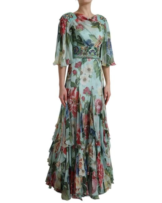Dolce & Gabbana Green Floral Print Tiered Long Maxi Dress