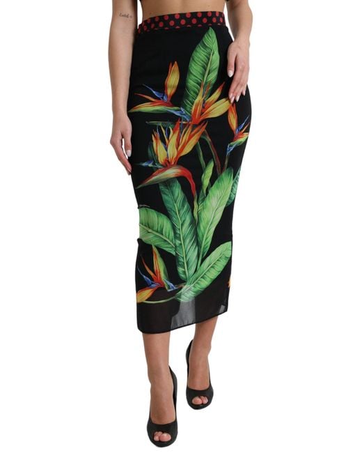 Dolce & Gabbana Green Black Strelitzia High Waist Pencil Cut Skirt
