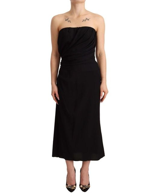 Dolce & Gabbana Black Elegant Straples Silk Midi Dres