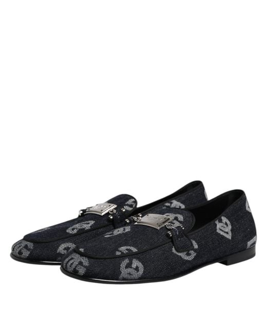 Dolce & Gabbana Black Blue Logo Cotton Loafers Formal Dress Shoes for men