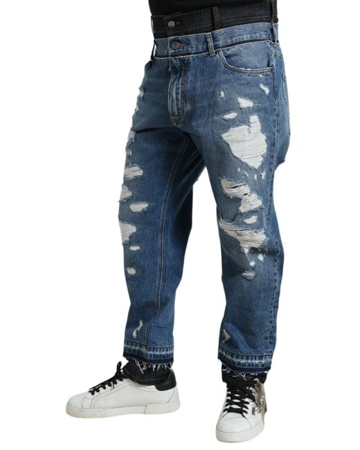 Dolce & Gabbana Blue Tattered Cotton Denim Jeans for men