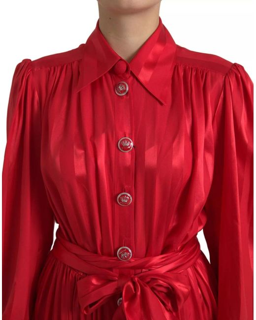 Dolce & Gabbana Red Button Down Belted Midi Satin Silk Dress
