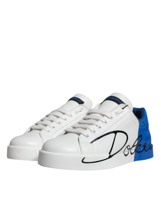 Dolce & Gabbana White Blue Leather Logo Low Top Sneakers Shoes for men