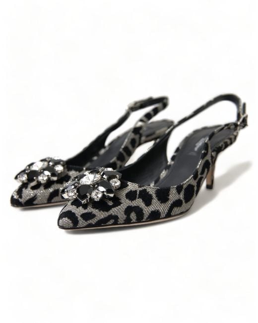 Dolce & Gabbana Black Silver Leopard Crystal Slingback Pumps Shoes